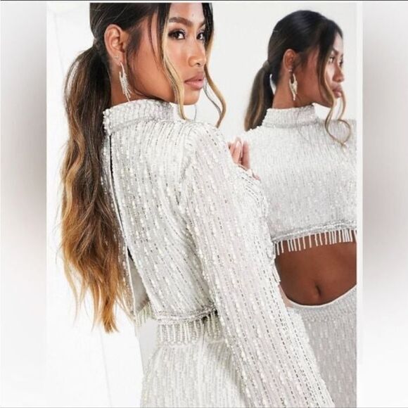 ASOS Edition Linear Fringe Pearl Embellished Crop Top With High Neck in White - Picture 9 of 13